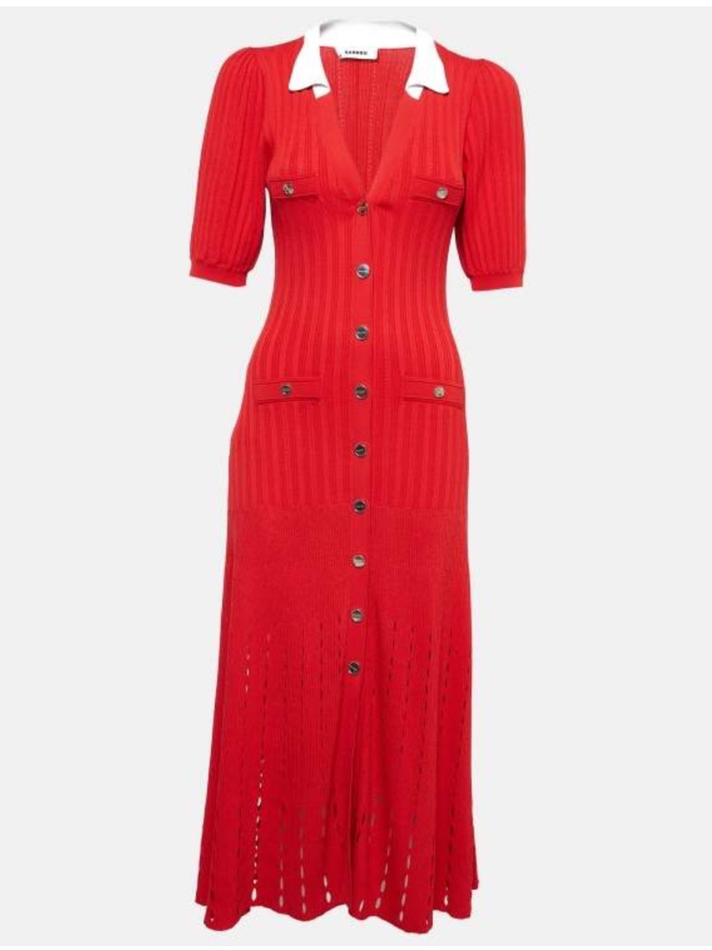 Sandro Red Knit Button-Front Midi Dress with White Collar